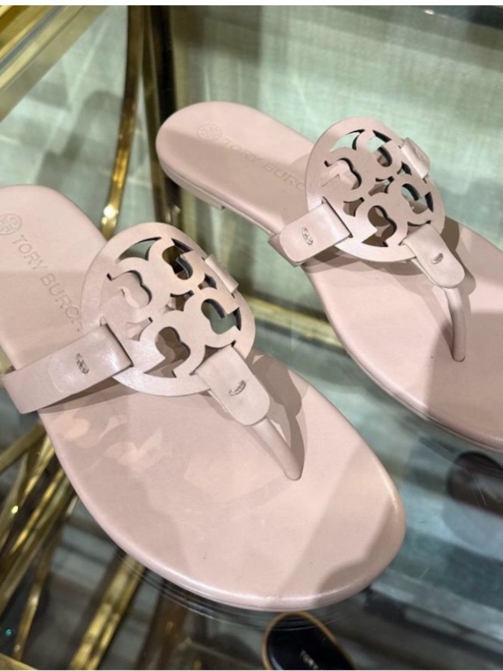 Tory Burch Pale Pink Logo Cutout Leather Thong Sandals